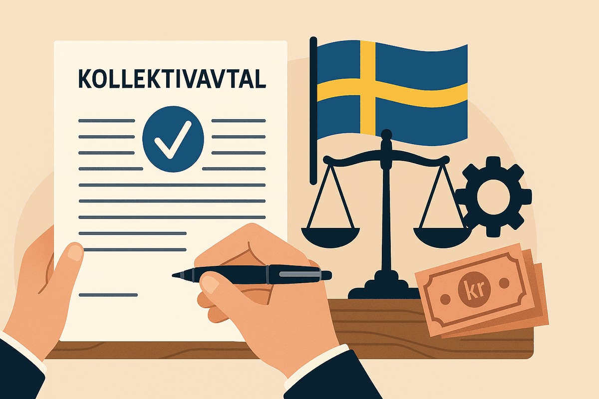 Kollektivavtal Sverige - Dokument med avtal och symboler för rättvisa och ekonomi