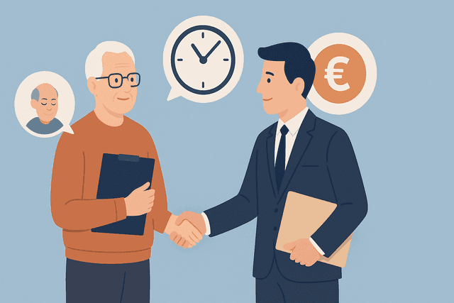 Pensionär och arbetsgivare som förhandlar - illustration som visar en äldre man och yngre man som skakar hand med tankebubblor som visar tid och pengar
